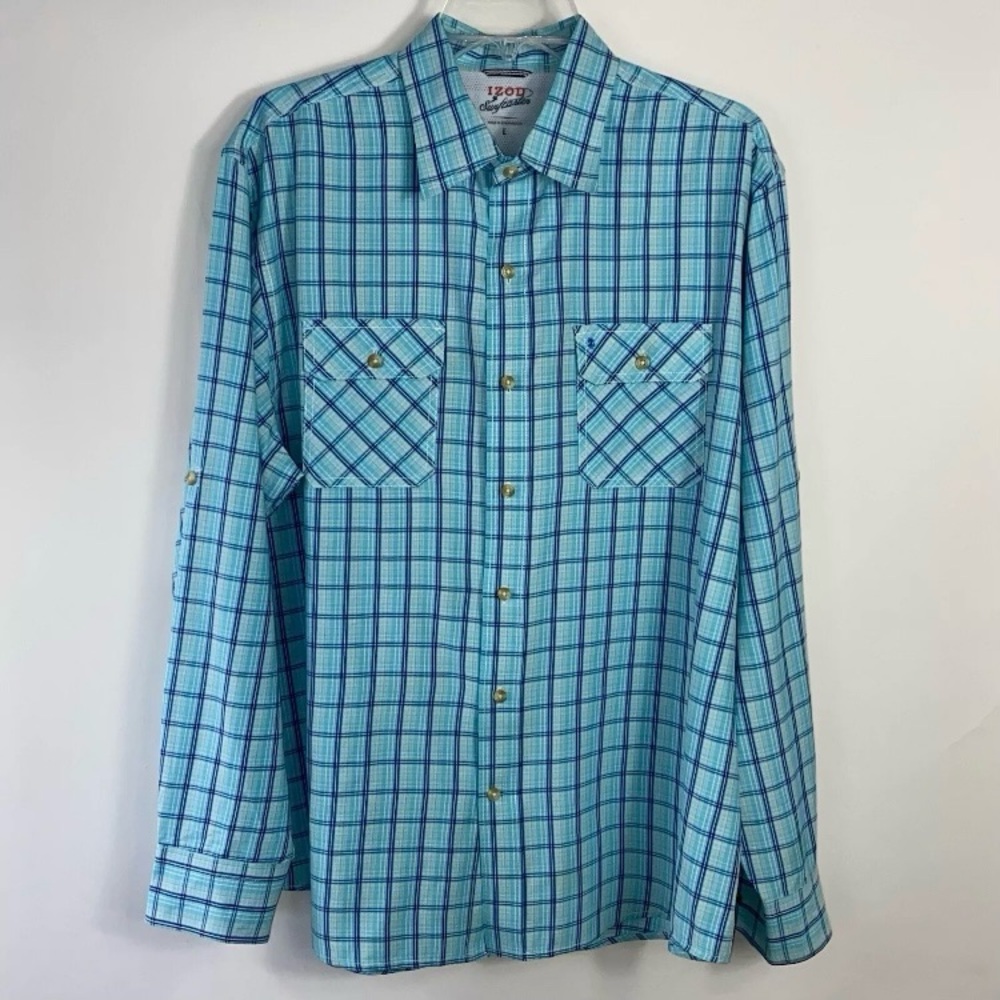 IZOD Surfcaster Men’s Lt Blue Plaid Outdoor Performance Roll Tab LS Shirt Sz L